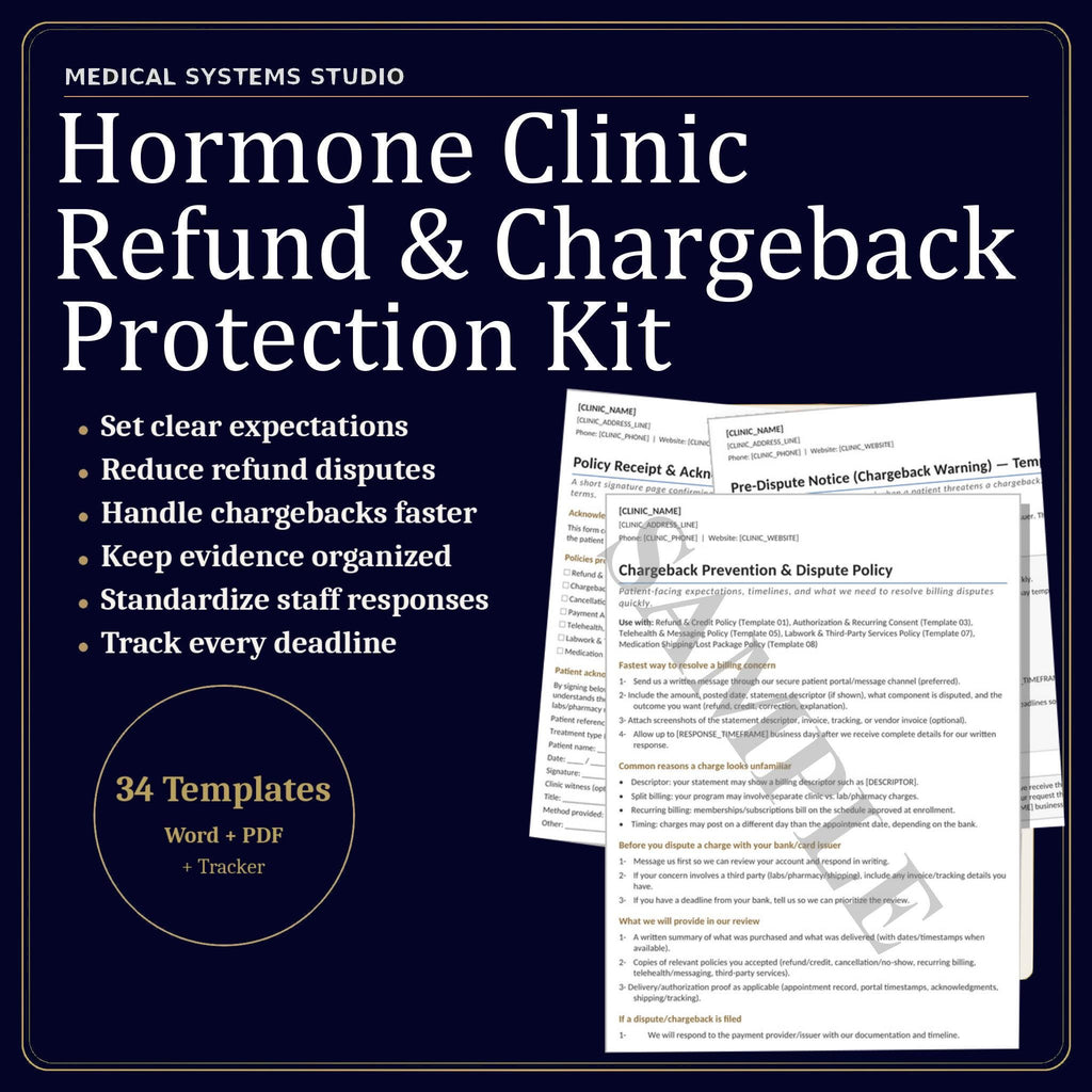 Hormone Clinic Refund & Chargeback Protection Kit | TRT HRT BHRT Policy, Scripts, Billing (Digital Download)