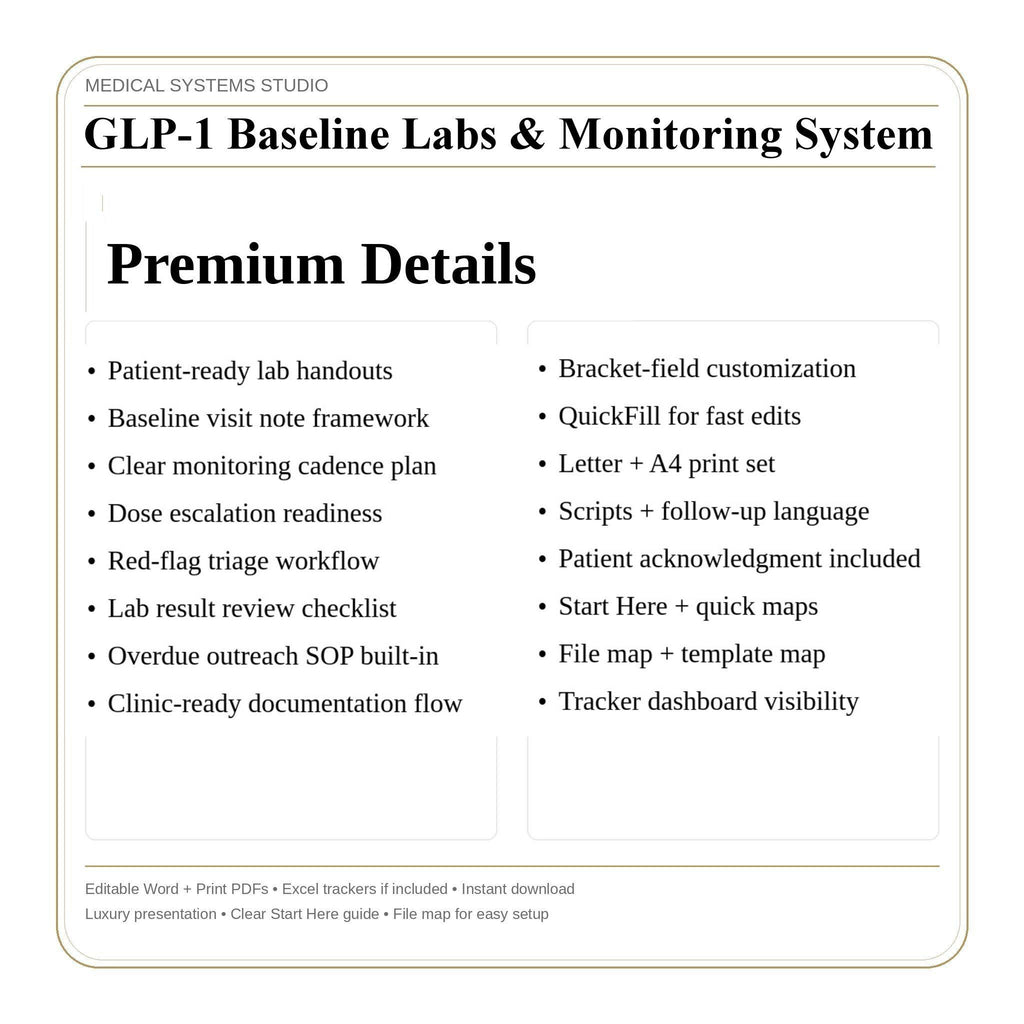 GLP-1 Baseline Labs & Monitoring System | Semaglutide + Tirzepatide Follow Up Cadence, Lab Review Tracker, Overdue Outreach SOP