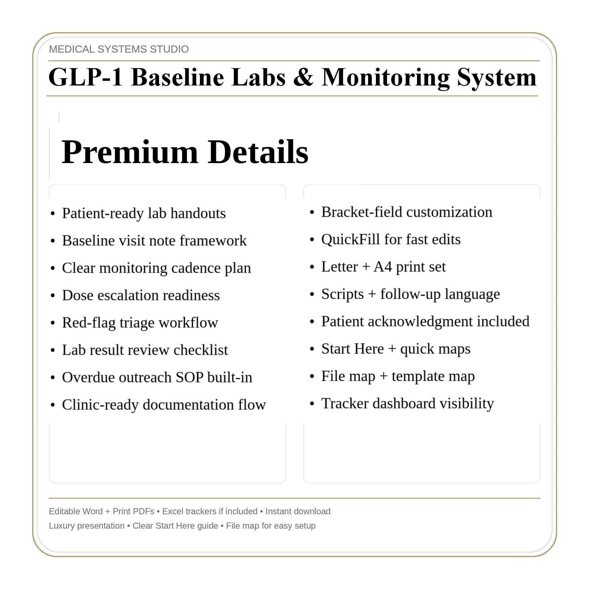 GLP-1 Baseline Labs & Monitoring System | Semaglutide + Tirzepatide Follow Up Cadence, Lab Review Tracker, Overdue Outreach SOP