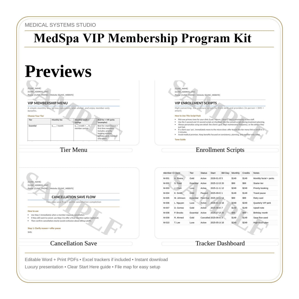 MedSpa VIP Membership Program Kit | Clinic SOP Templates (Word, PDF, xlsx)