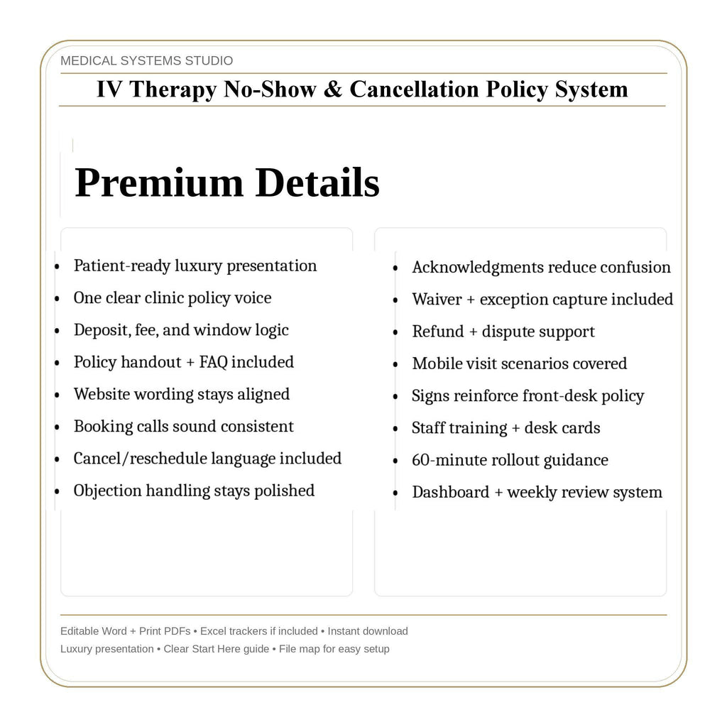 IV Therapy No-Show Cancellation Policy System | Deposit, Scripts, Reminders (Digital Download)