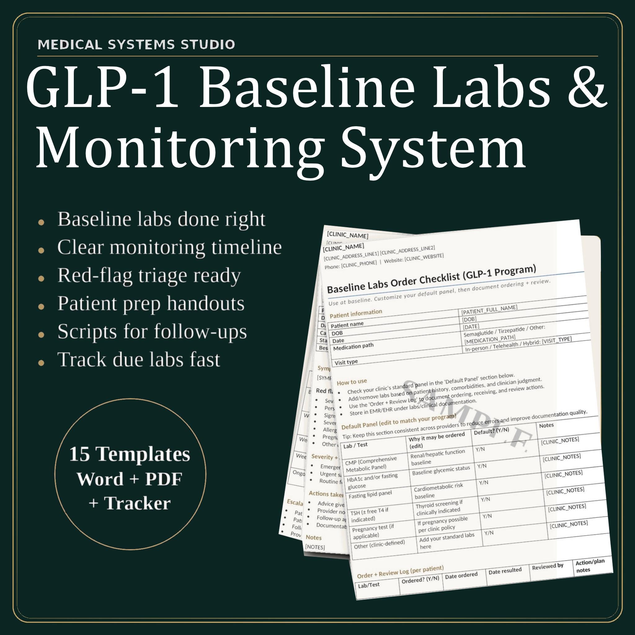 GLP-1 Baseline Labs & Monitoring System | Semaglutide + Tirzepatide Follow Up Cadence, Lab Review Tracker, Overdue Outreach SOP