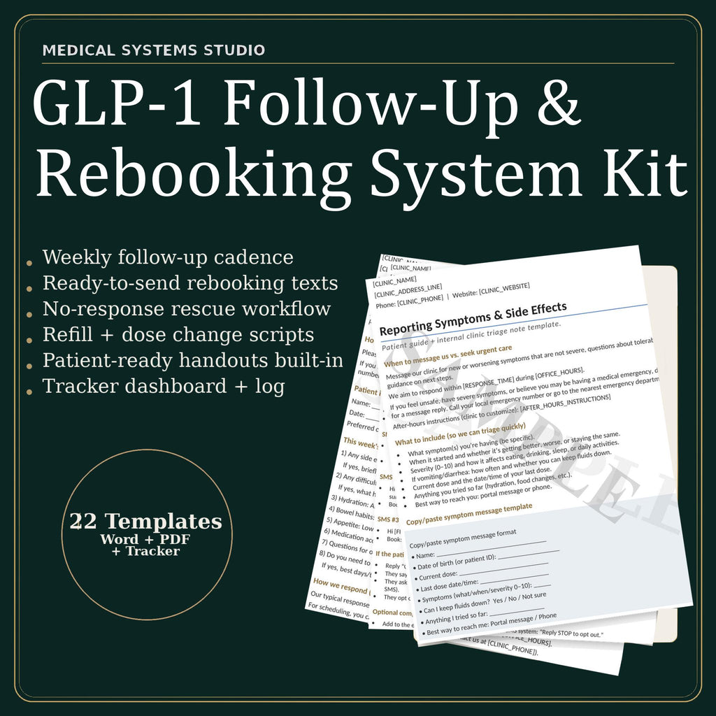 GLP-1 Follow-Up & Rebooking System Kit | Recall Cadence, No-Show Recovery, SMS/Email Scripts, Tracker