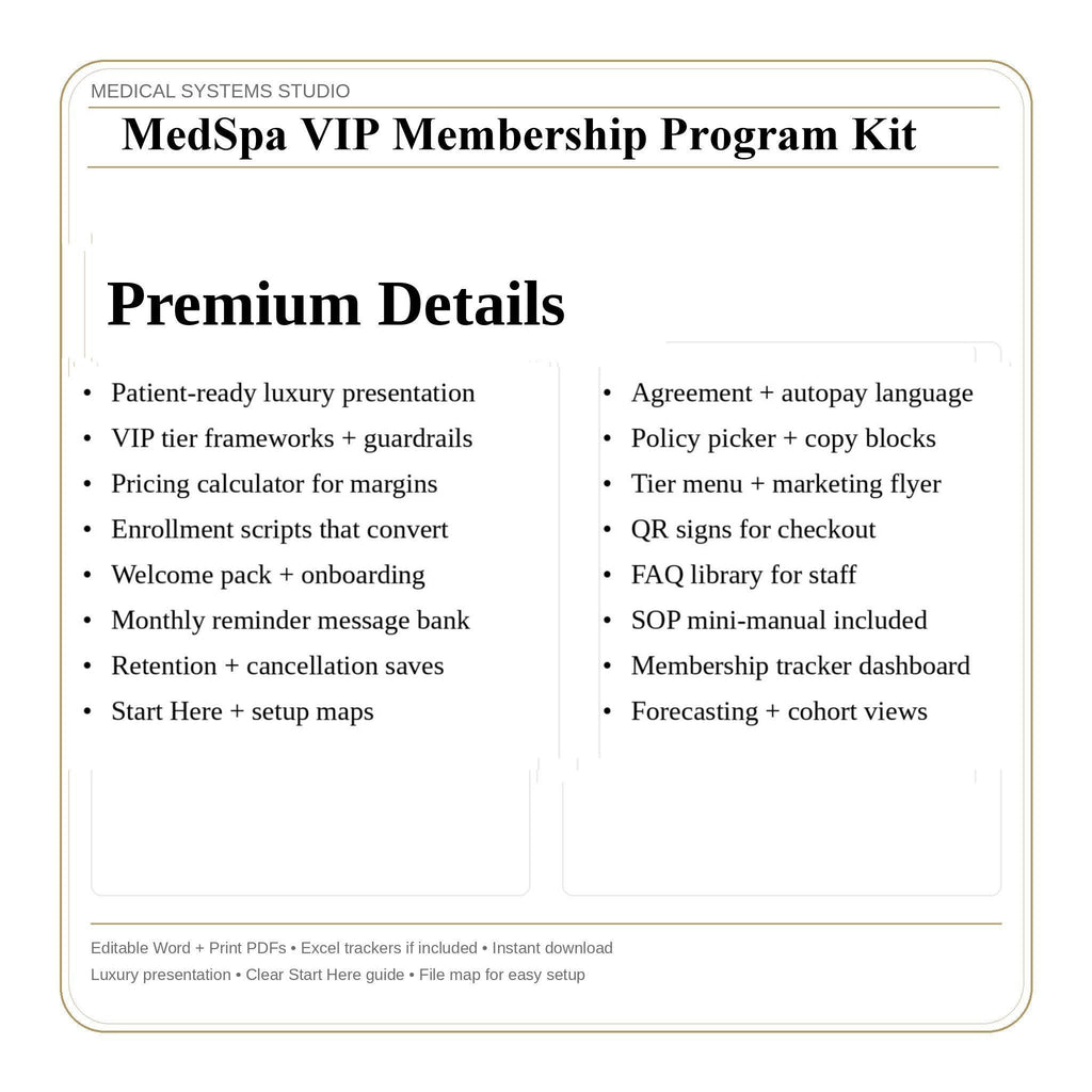 MedSpa VIP Membership Program Kit | Clinic SOP Templates (Word, PDF, xlsx)
