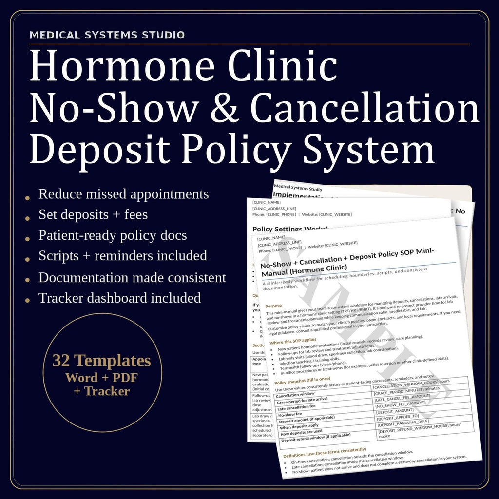 Hormone Clinic No-Show & Cancellation Deposit Policy System | TRT HRT BHRT (Digital Download)