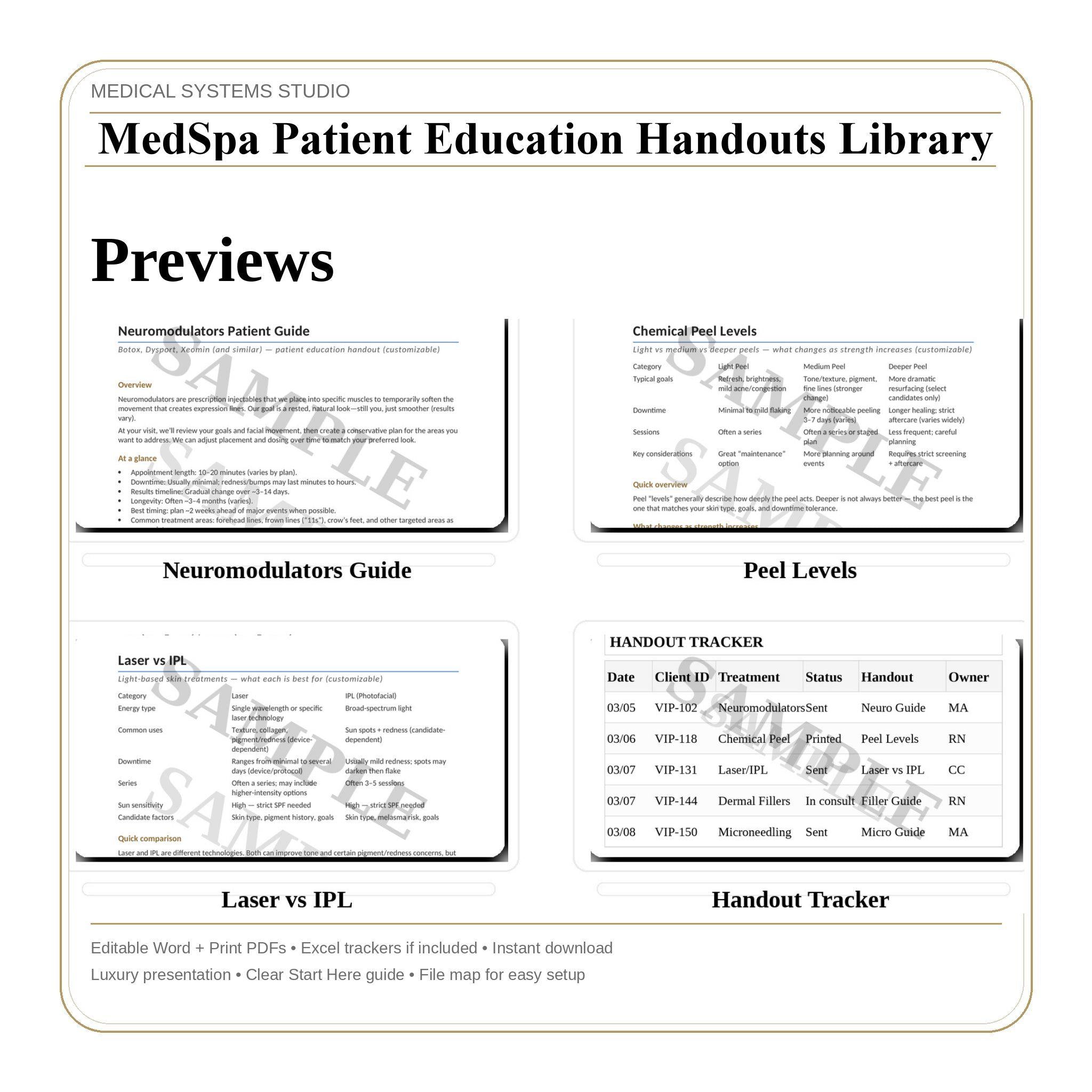 MedSpa Patient Education Library | Tox, Fillers, Laser, Microneedling | FAQs, Prep + Aftercare (Word/PDF/Tracker)