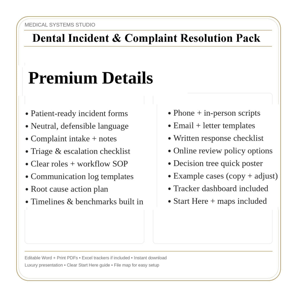 Dental Incident & Complaint Resolution Kit | Clinic Workflow (Digital Download)