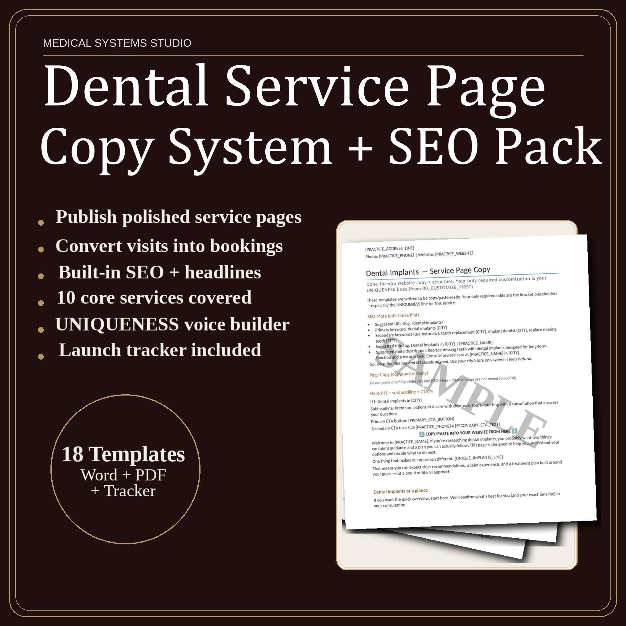 Dental Service Page Copy System | Website SEO Content (Word, PDF, xlsx)