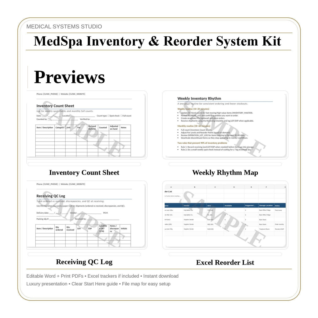 MedSpa Inventory System | Excel Tracker, Reorder Calculator (Digital Download)
