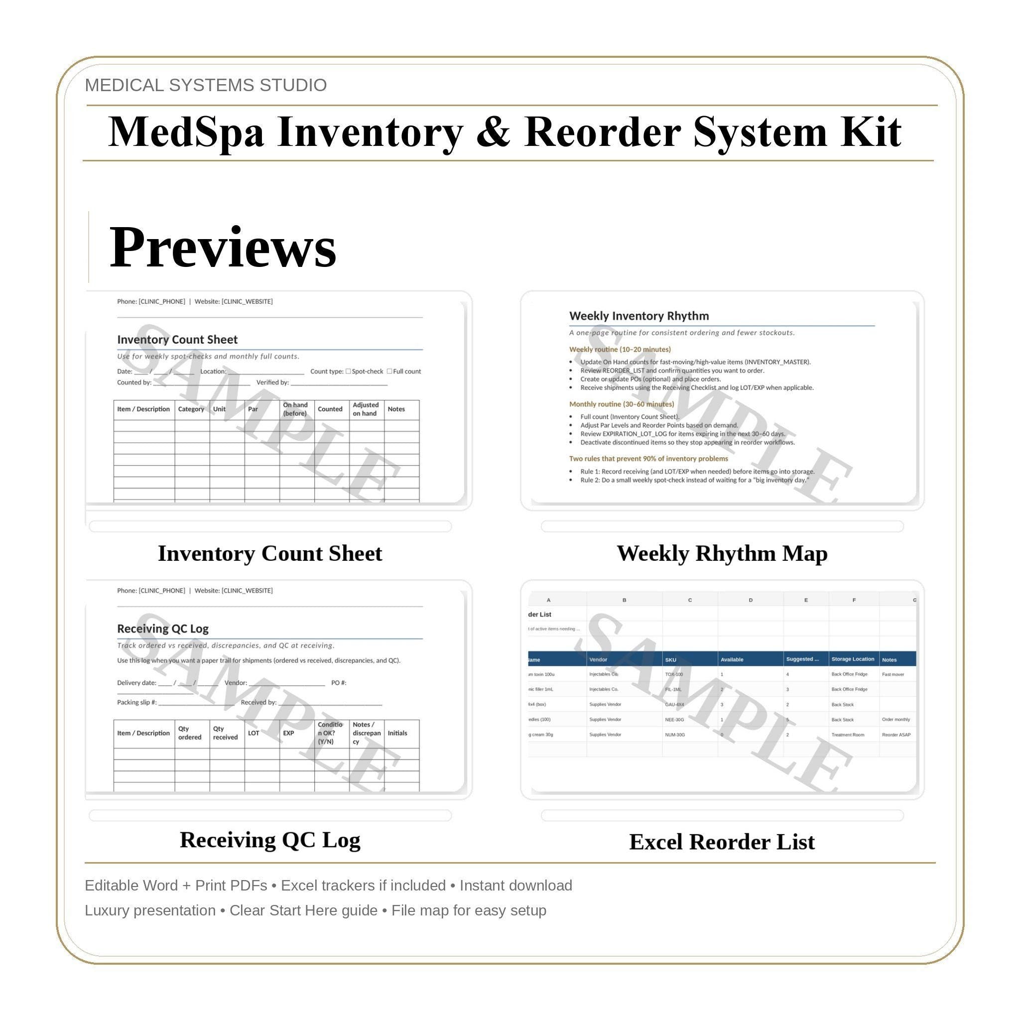MedSpa Inventory System | Excel Tracker, Reorder Calculator (Digital Download)