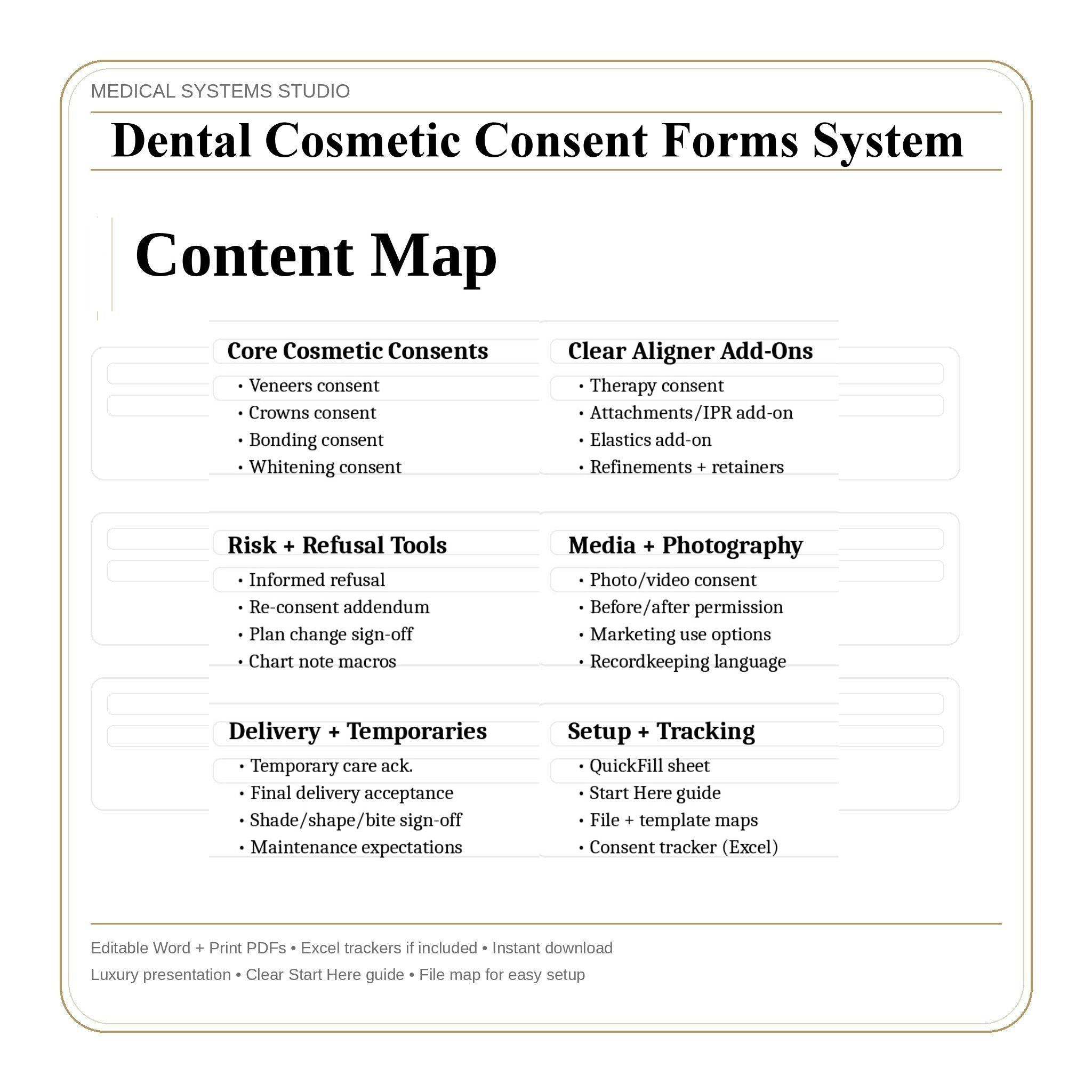 Dental Cosmetic Consent Forms System | Veneers, Crowns, Bonding, Whitening, Aligner | Word/PDF/Tracker (Download)
