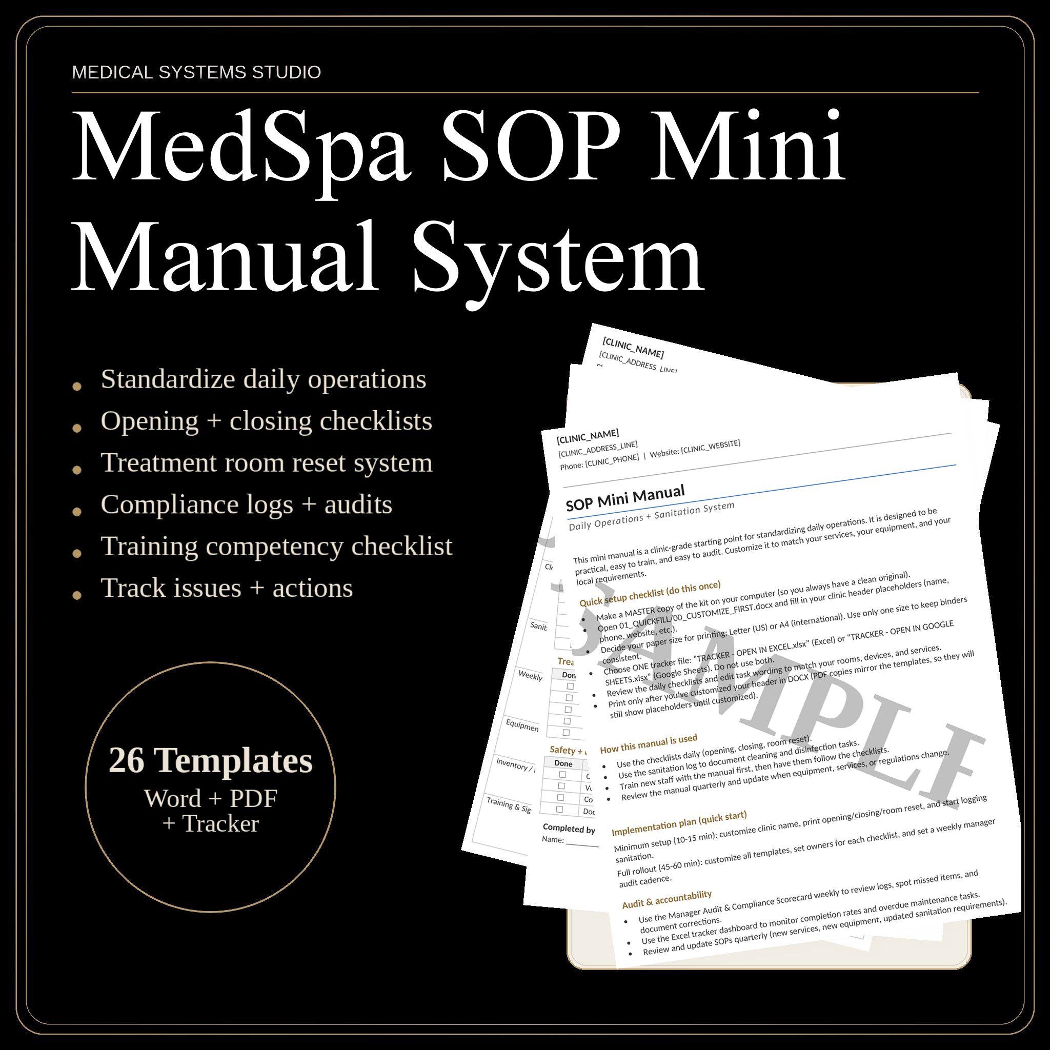 MedSpa SOP Manual | Clinic Checklists, Sanitation Logs (Digital Download)