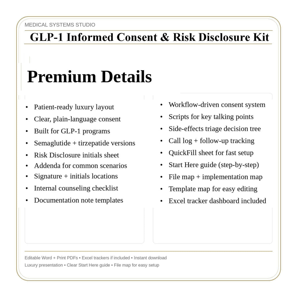 GLP-1 Informed Consent & Risk Disclosure Kit | Semaglutide, Tirzepatide | Compounded/Telehealth Addendums, Off Label, Triage, Tracker