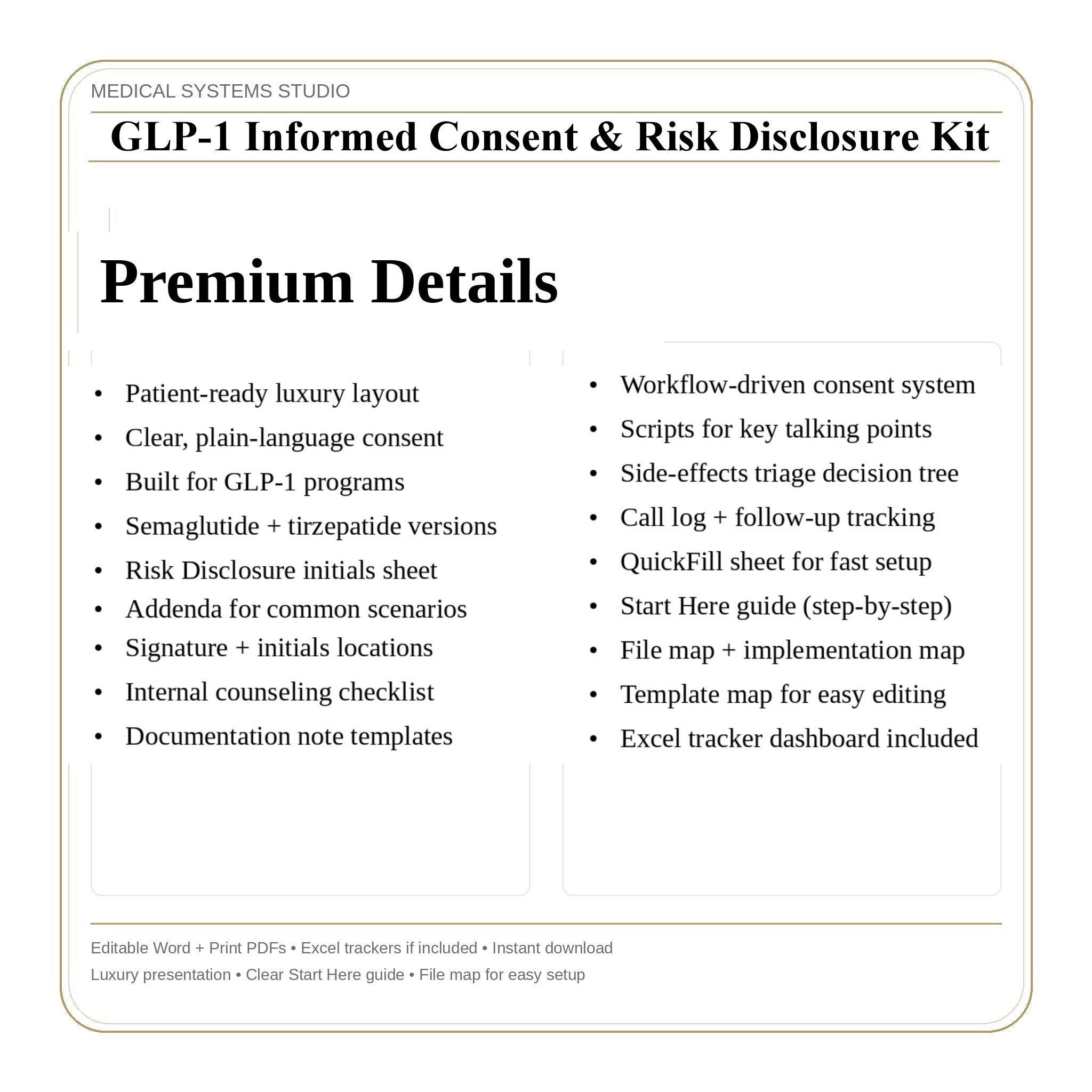 GLP-1 Informed Consent & Risk Disclosure Kit | Semaglutide, Tirzepatide | Compounded/Telehealth Addendums, Off Label, Triage, Tracker