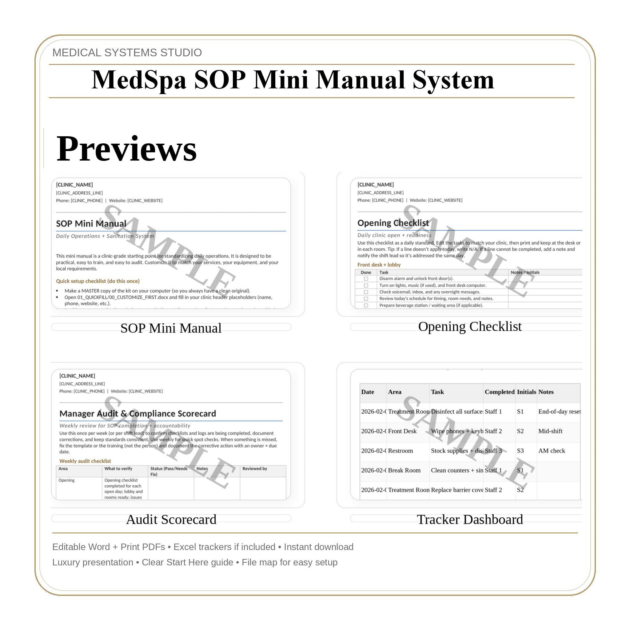 MedSpa SOP Manual | Clinic Checklists, Sanitation Logs (Digital Download)