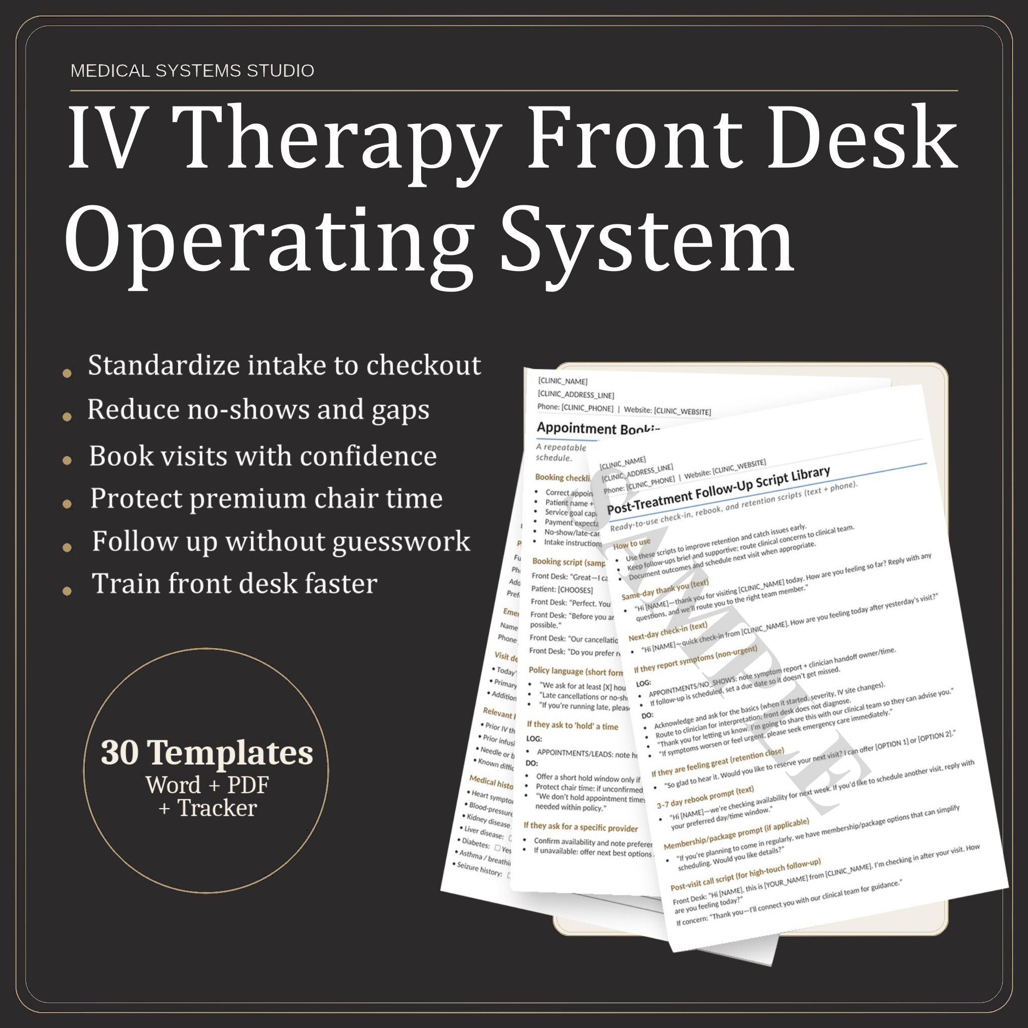IV Therapy Front Desk Operating System | Clinic SOP Playbook, Intake, Scripts (Word/PDF/Tracker)