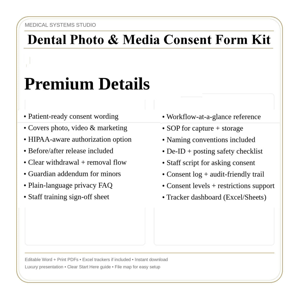 Dental Photo & Media Consent Form Kit | HIPAA, Consent Tracker, SOP (Digital Download)