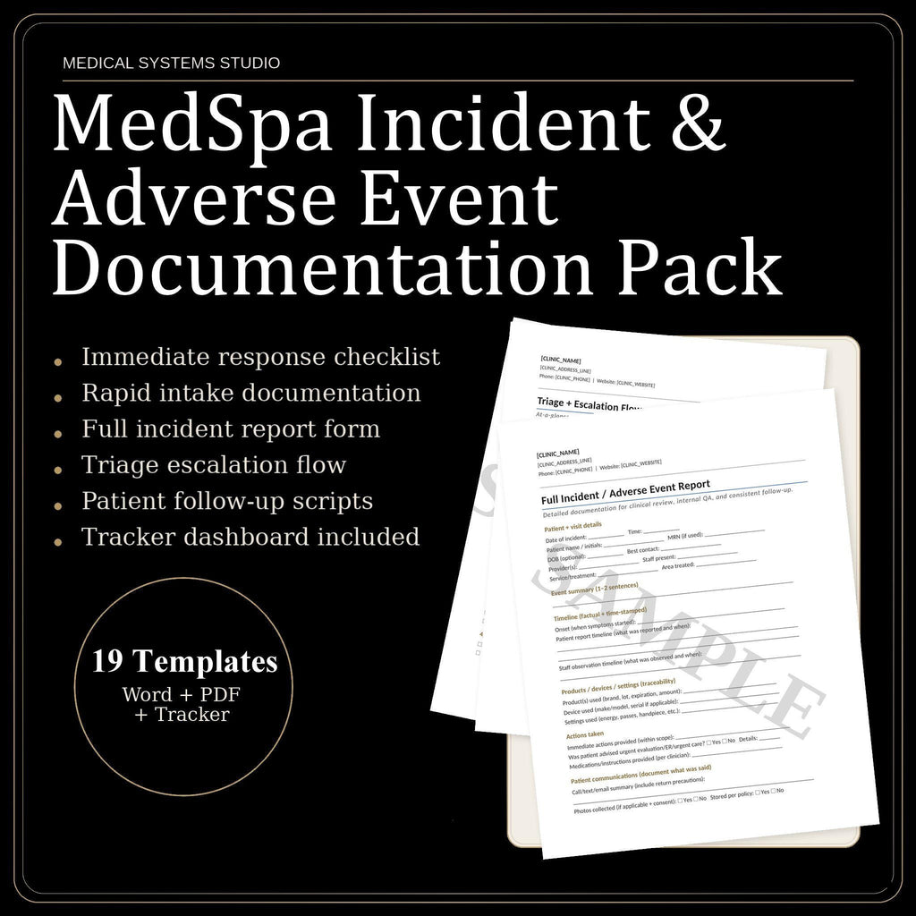 MedSpa Incident Documentation Pack | Report Forms, Follow-Up Scripts (Word/PDF/Excel)
