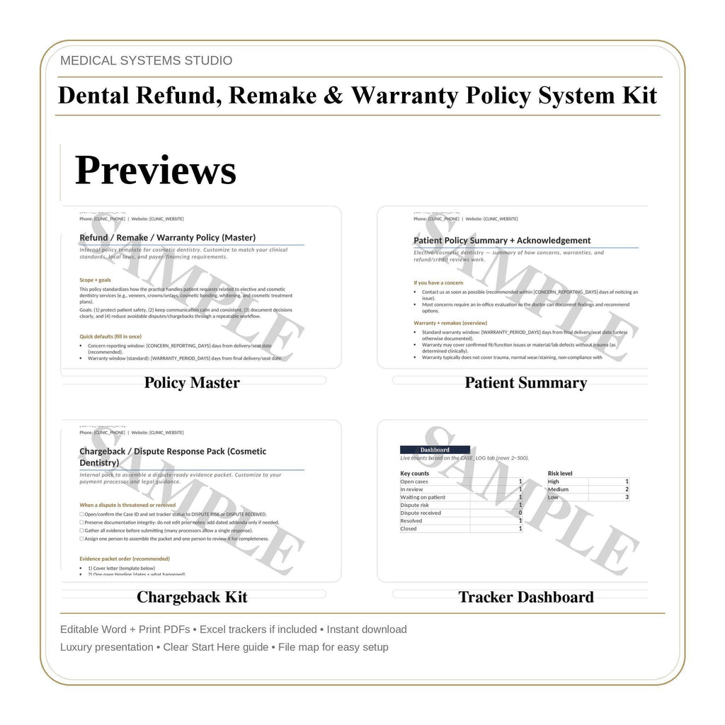 Dental Refund Policy System, Remake Warranty, Chargeback Scripts Word/PDF/Tracker (Digital Download)