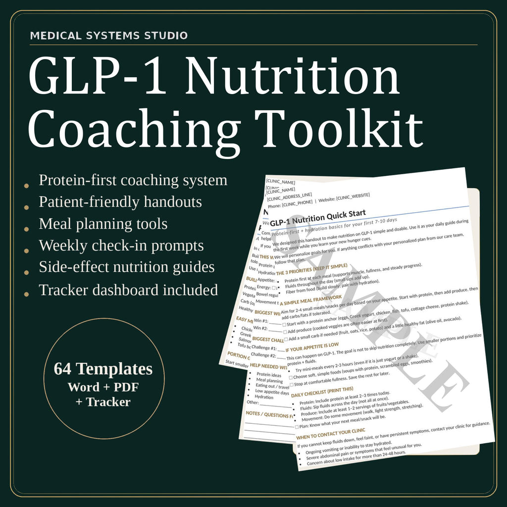 GLP-1 Nutrition Coaching Toolkit | Semaglutide & Tirzepatide Handouts | Protein Targets + Hydration + GI Comfort | Scripts + Tracker