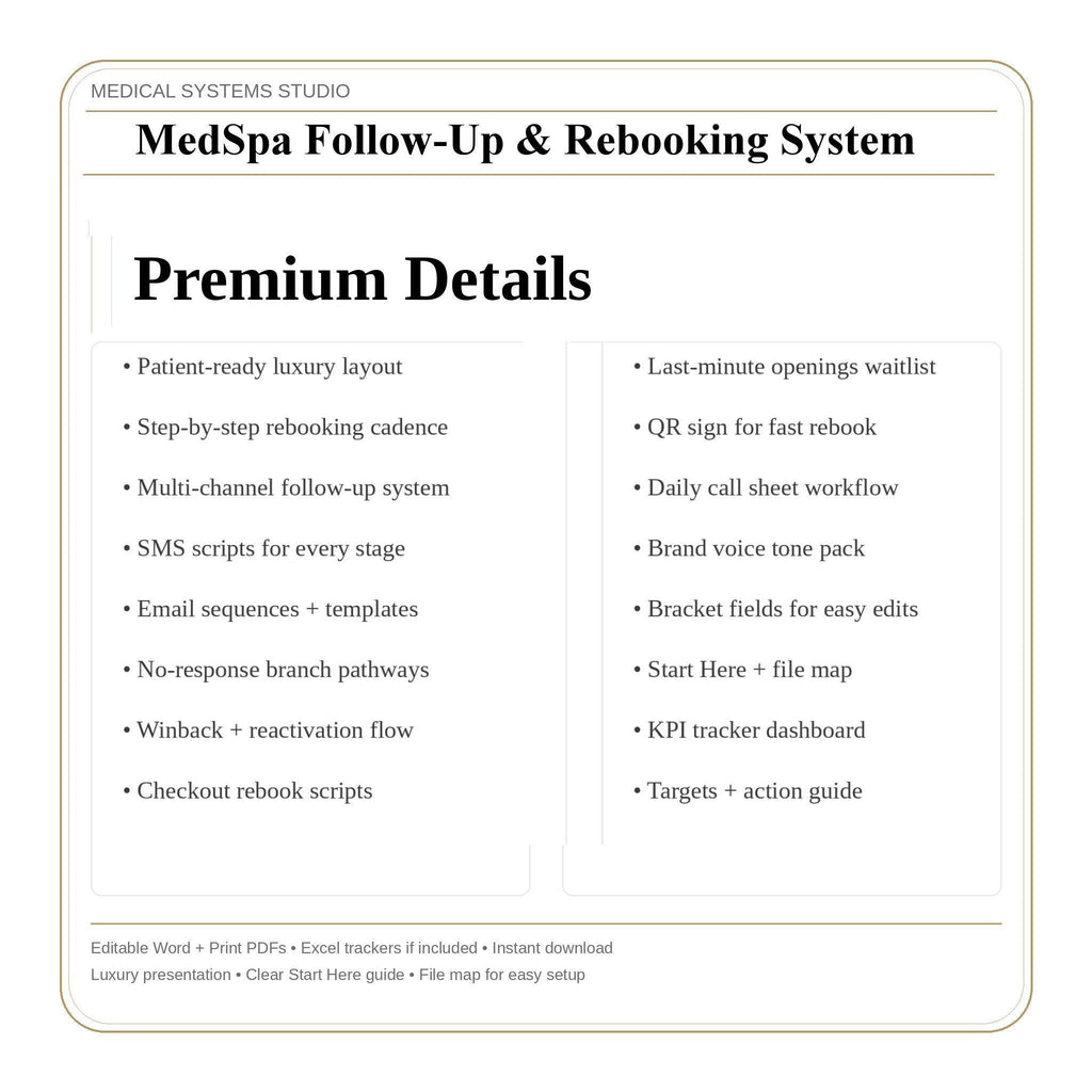 MedSpa Follow-Up and Rebooking Patient Retention System | SMS & Email Templates (Word/PDF/XLSX)