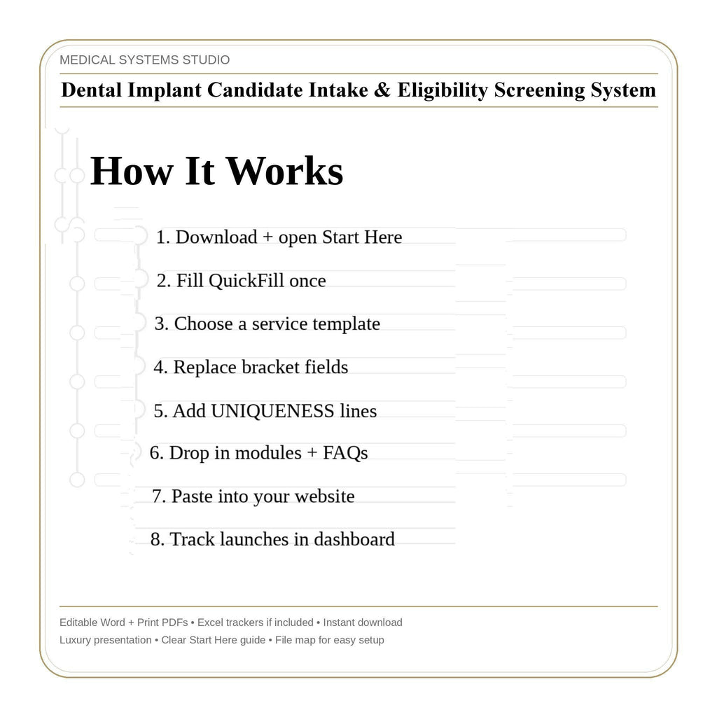 Dental Implant Intake System | Patient Screening, Eligibility, & Tracker (PDF, DOCX, XLSX