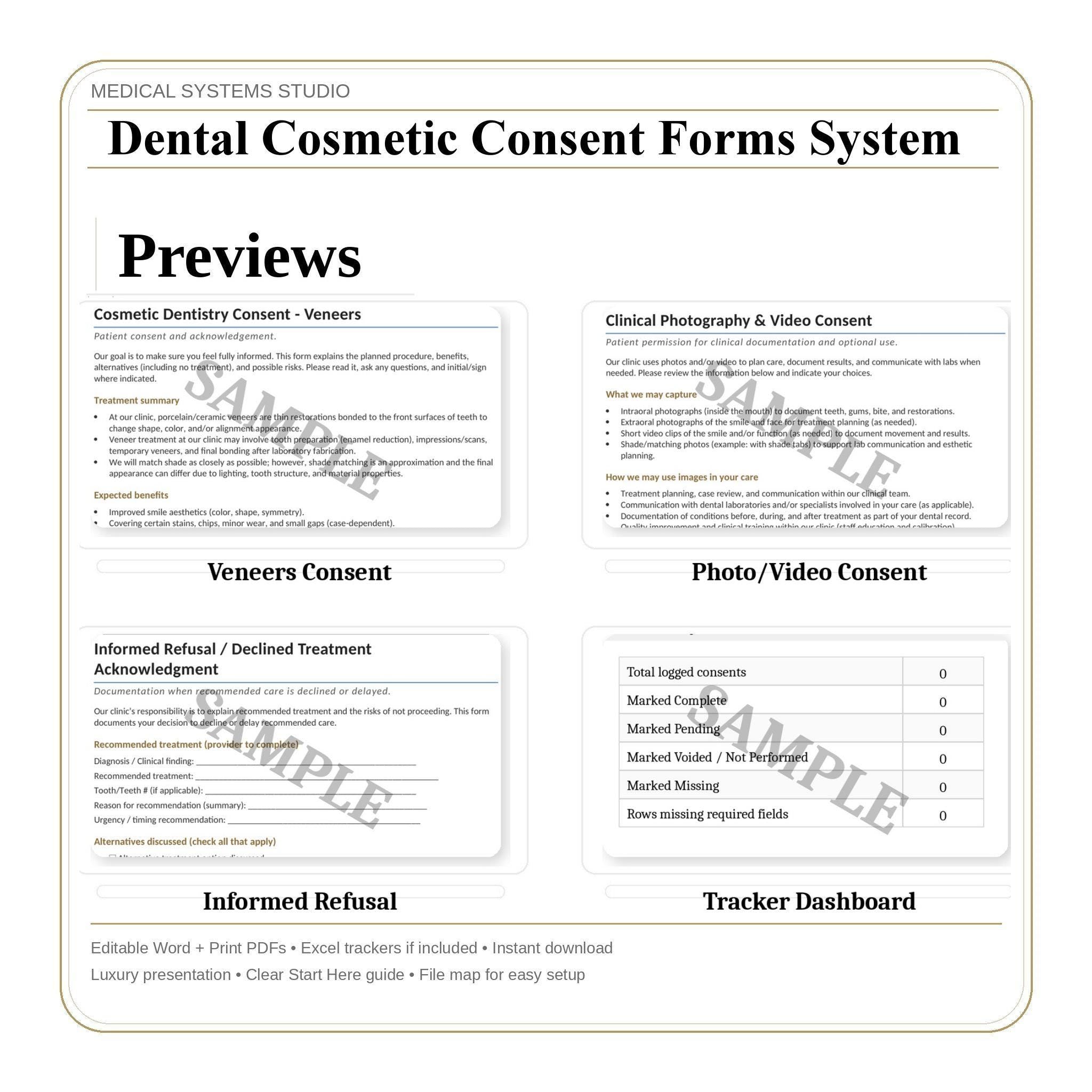 Dental Cosmetic Consent Forms System | Veneers, Crowns, Bonding, Whitening, Aligner | Word/PDF/Tracker (Download)