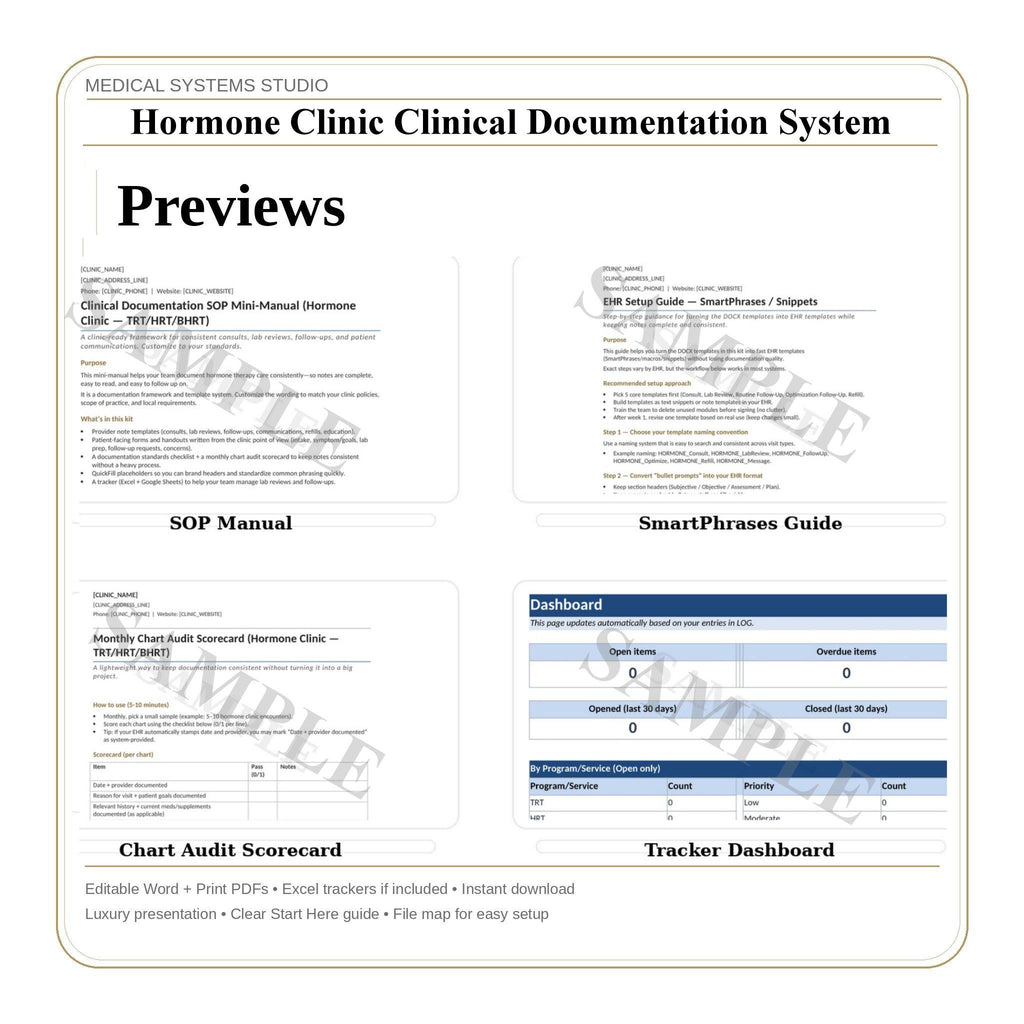 Hormone Clinic Documentation System | TRT HRT BHRT Soap Notes (Digital Download)