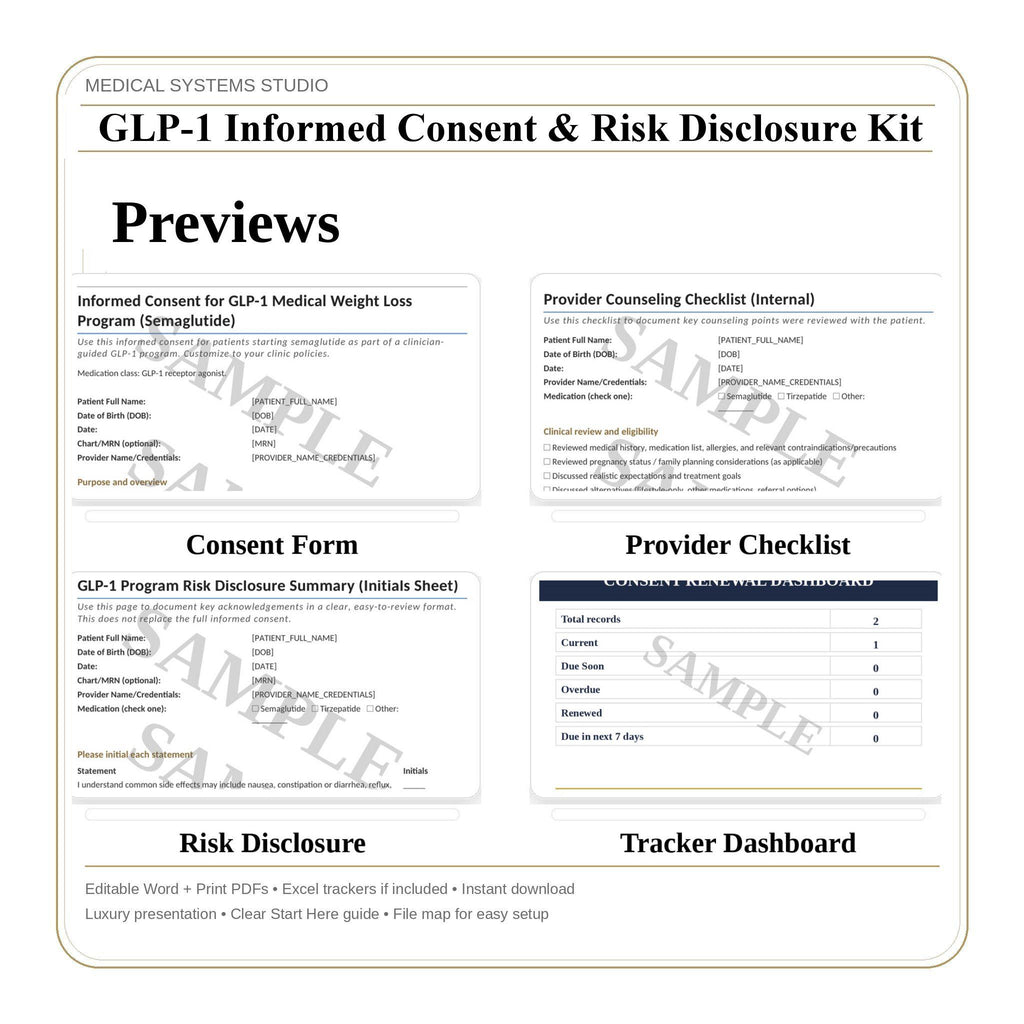 GLP-1 Informed Consent & Risk Disclosure Kit | Semaglutide, Tirzepatide | Compounded/Telehealth Addendums, Off Label, Triage, Tracker