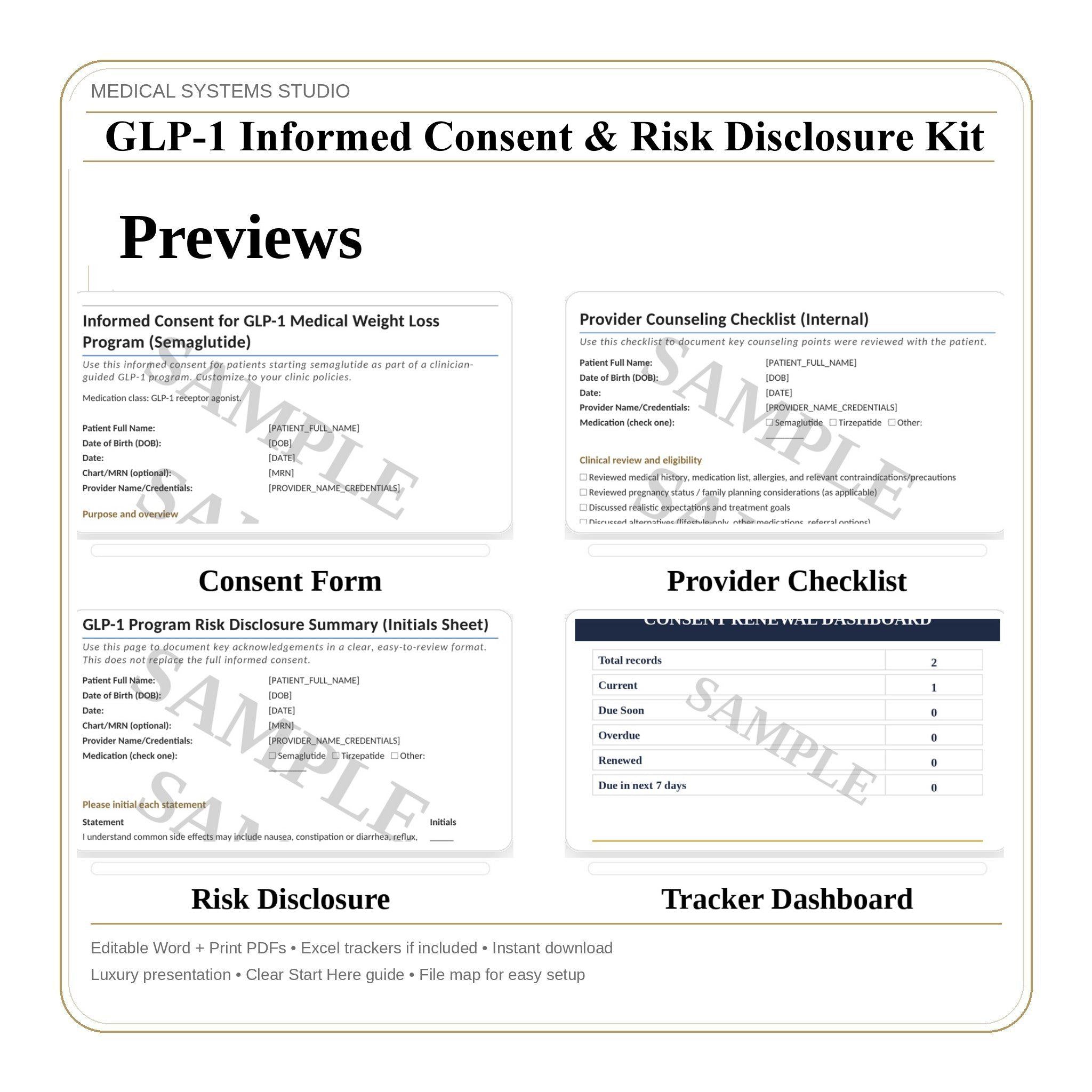 GLP-1 Informed Consent & Risk Disclosure Kit | Semaglutide, Tirzepatide | Compounded/Telehealth Addendums, Off Label, Triage, Tracker