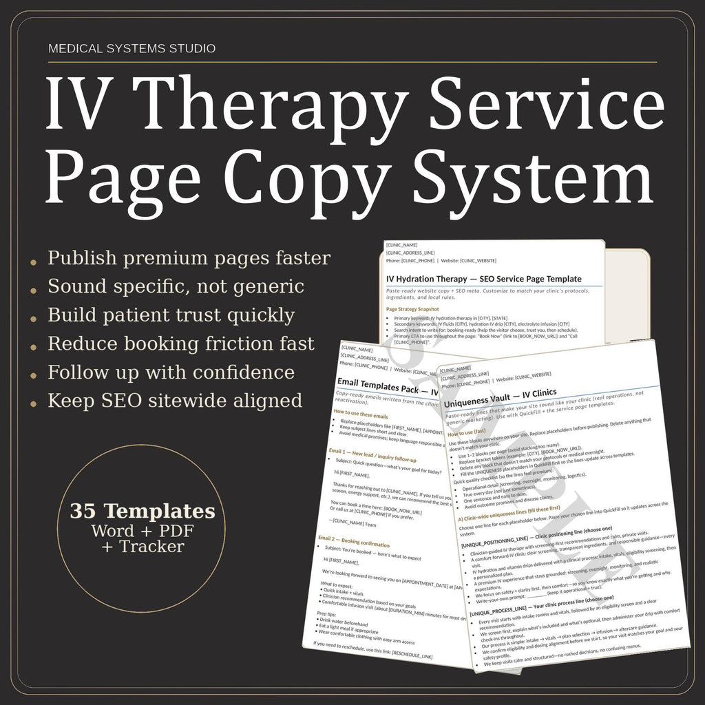 IV Therapy Service Page Copy System | 13 SEO Templates, Word/PDF/Tracker (Digital Download)