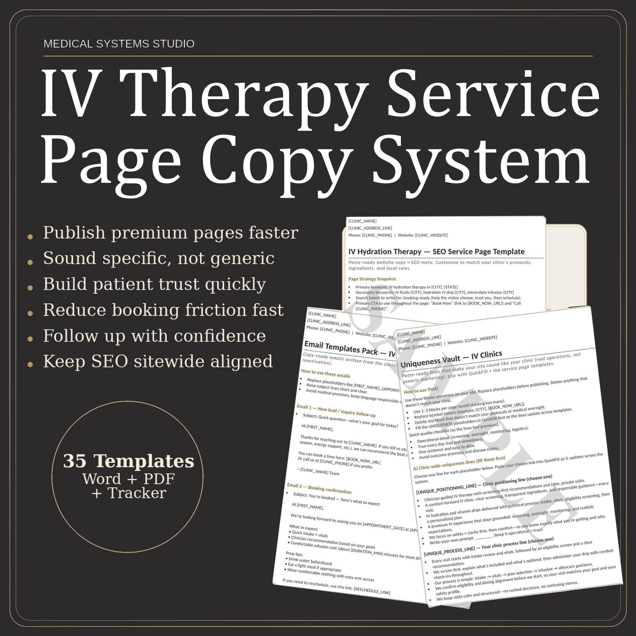 IV Therapy Service Page Copy System | 13 SEO Templates, Word/PDF/Tracker (Digital Download)