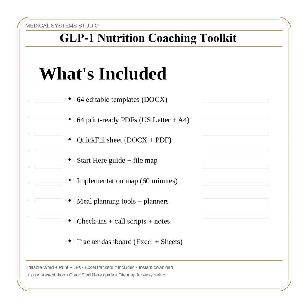 GLP-1 Nutrition Coaching Toolkit | Semaglutide & Tirzepatide Handouts | Protein Targets + Hydration + GI Comfort | Scripts + Tracker
