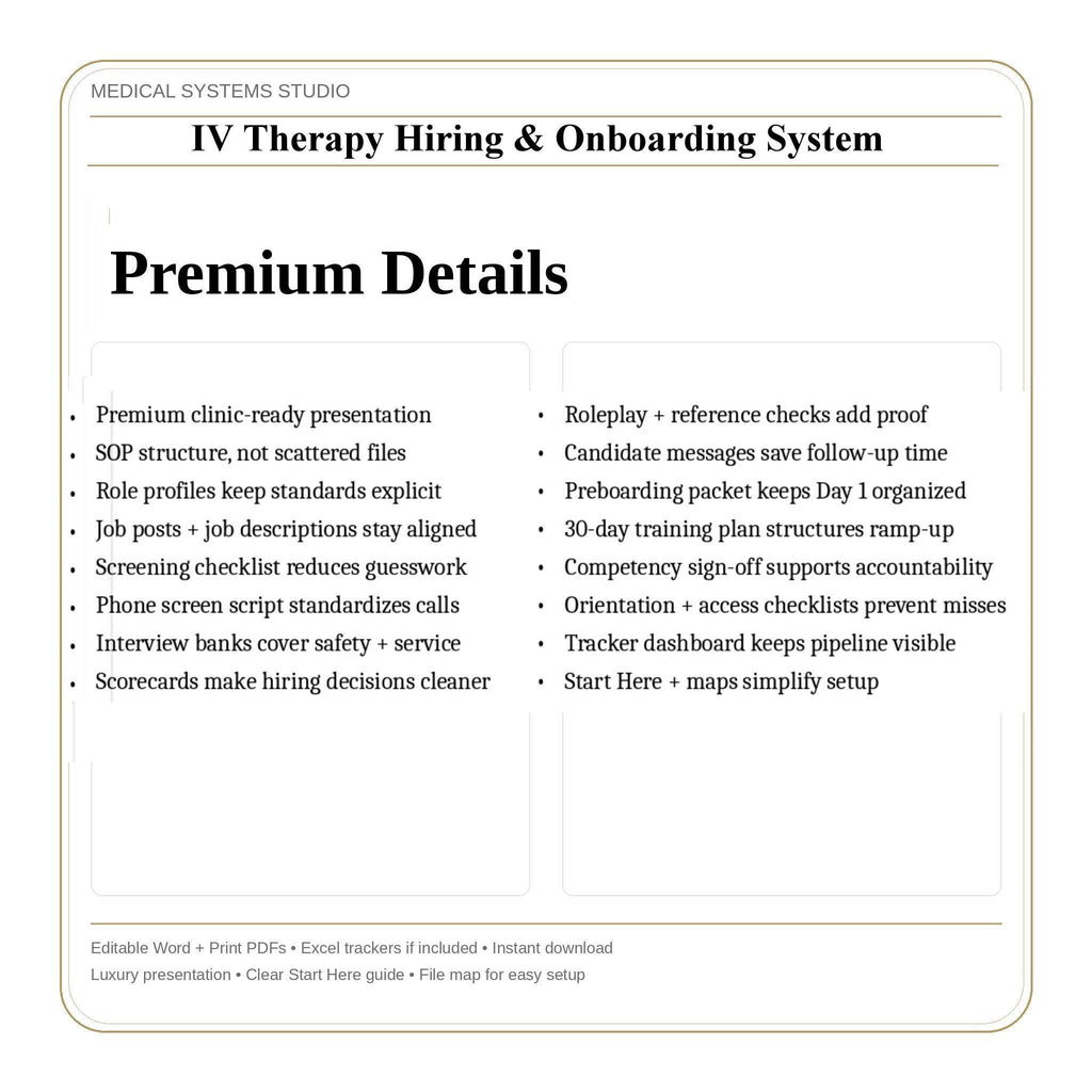 IV Therapy Hiring & Onboarding System | Job Descriptions + Interview Questions + Scorecards + 30-Day Training Plan + Tracker