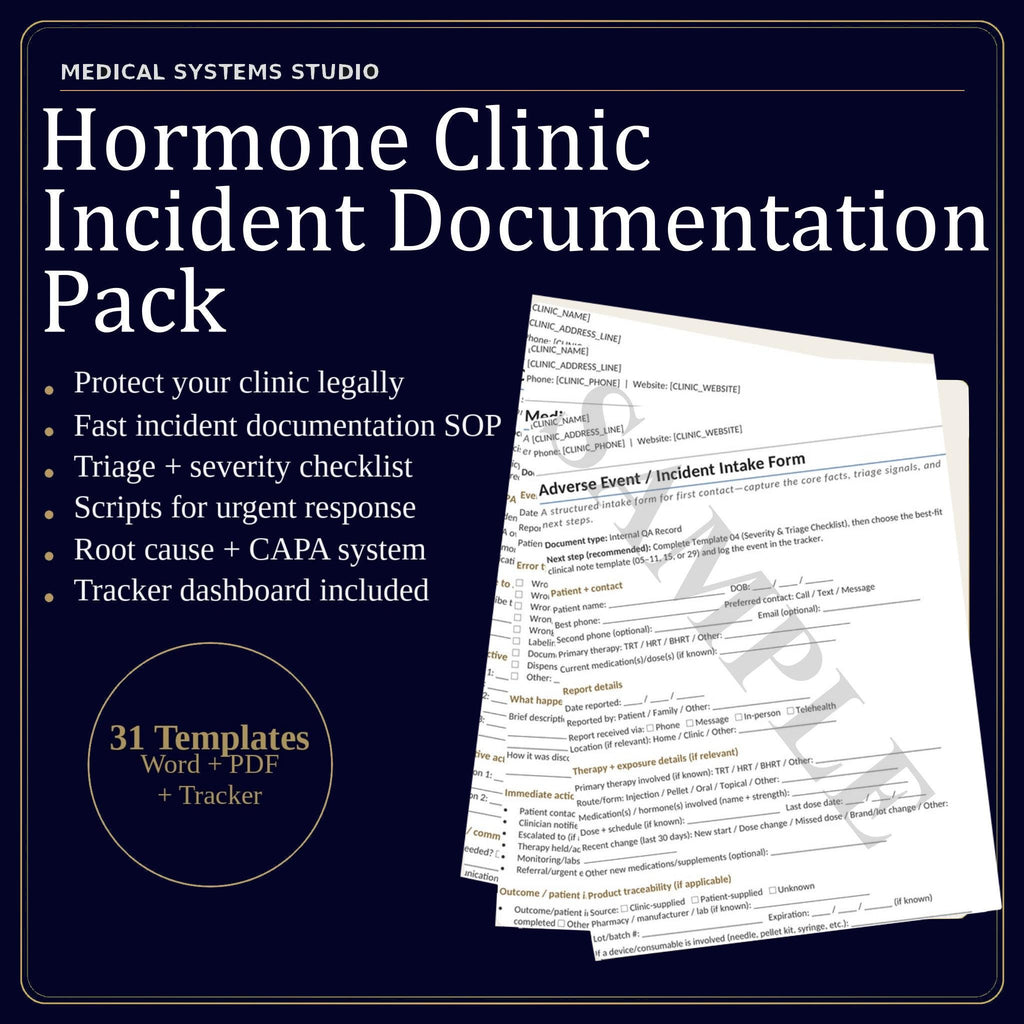 Hormone Clinic Incident Documentation Pack | TRT/HRT/BHRT Forms + Scripts (Digital Download)