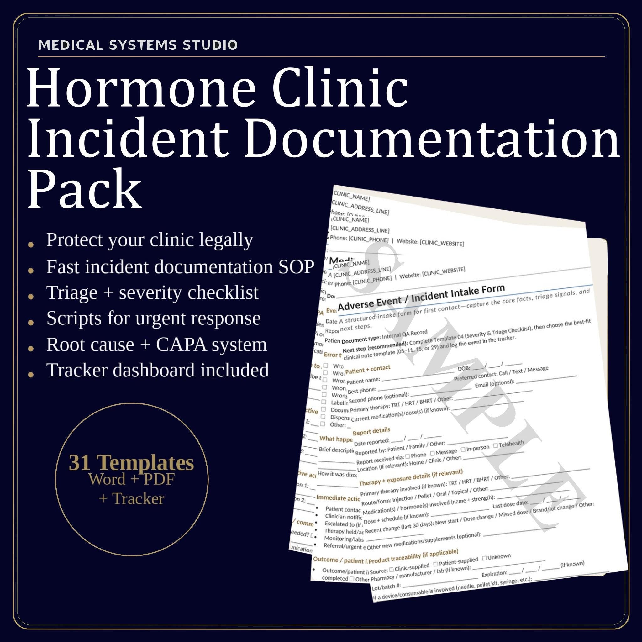 Hormone Clinic Incident Documentation Pack | TRT/HRT/BHRT Forms + Scripts (Digital Download)