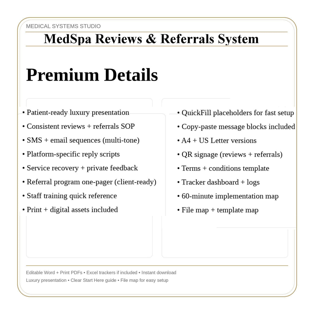 MedSpa Reviews & Referrals System | QR Code Signage, SMS Scripts (Word, PDF, Excel) (Digital Download)