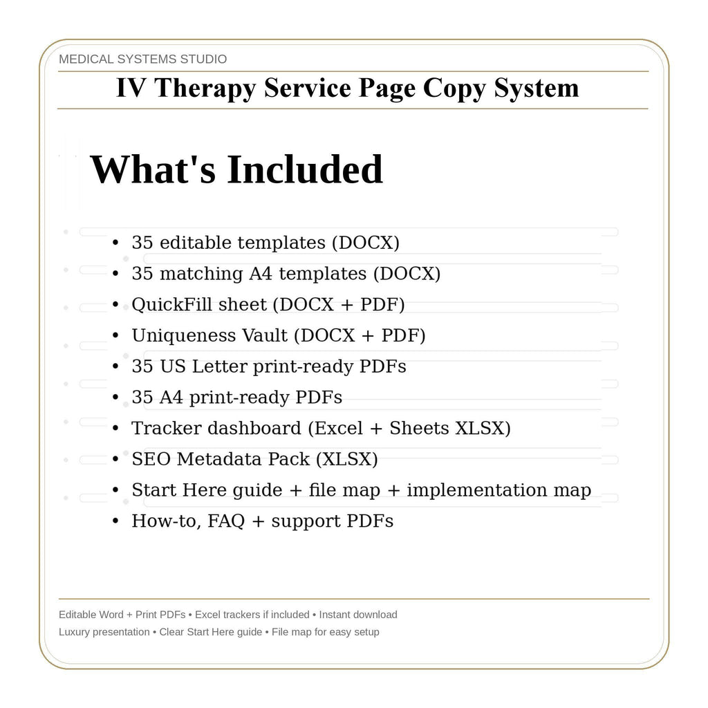IV Therapy Service Page Copy System | 13 SEO Templates, Word/PDF/Tracker (Digital Download)