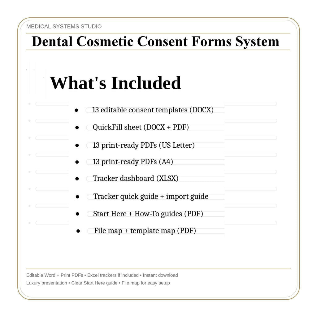 Dental Cosmetic Consent Forms System | Veneers, Crowns, Bonding, Whitening, Aligner | Word/PDF/Tracker (Download)