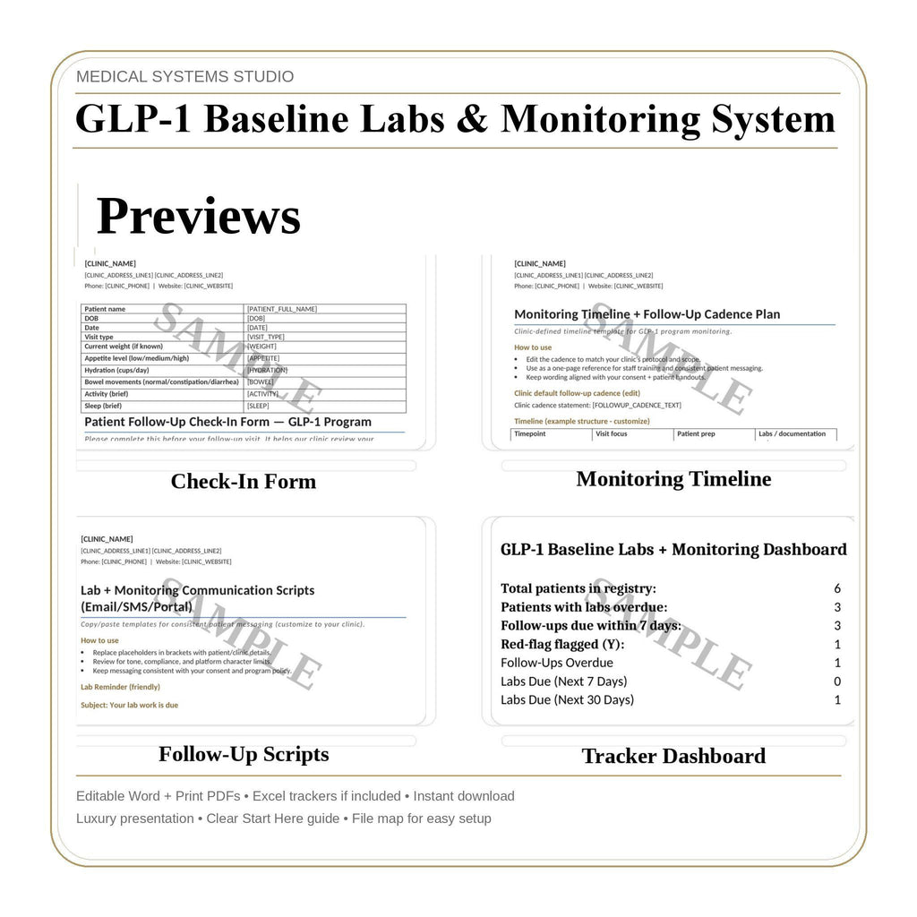 GLP-1 Baseline Labs & Monitoring System | Semaglutide + Tirzepatide Follow Up Cadence, Lab Review Tracker, Overdue Outreach SOP