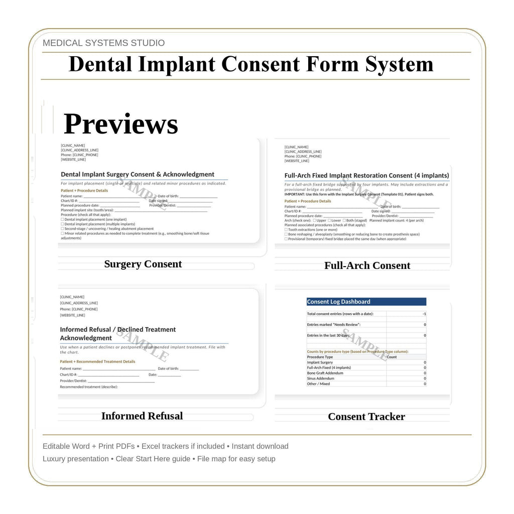 Dental Implant Consent Form System | Customizable Templates (DOCX, PDF, XLSX)