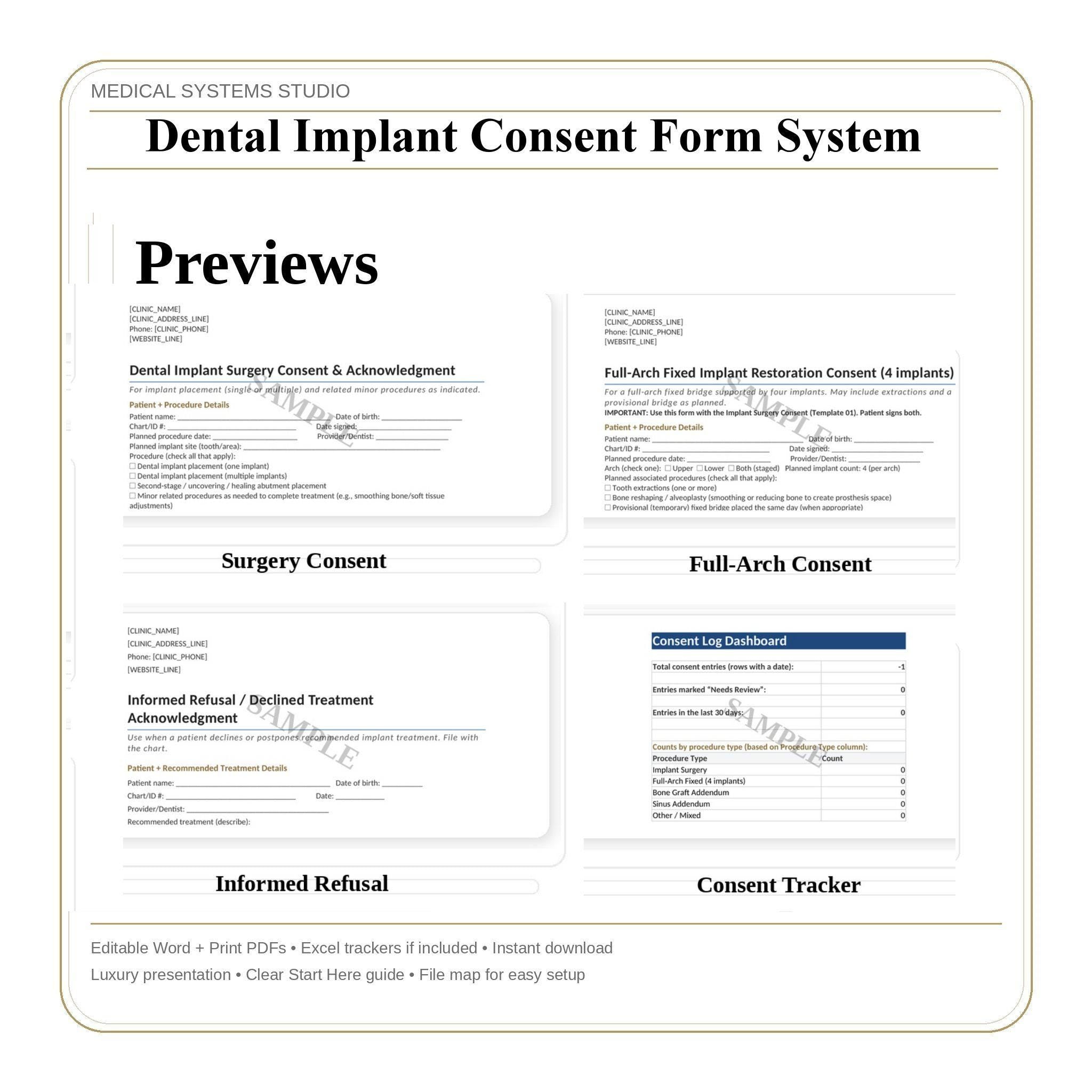 Dental Implant Consent Form System | Customizable Templates (DOCX, PDF, XLSX)