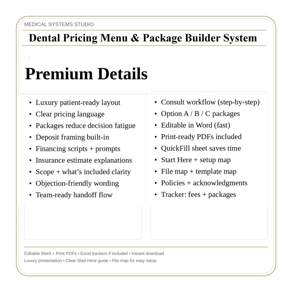 Dental Pricing Menu & Package Builder | Cosmetic Implant Fee System (Digital Download)