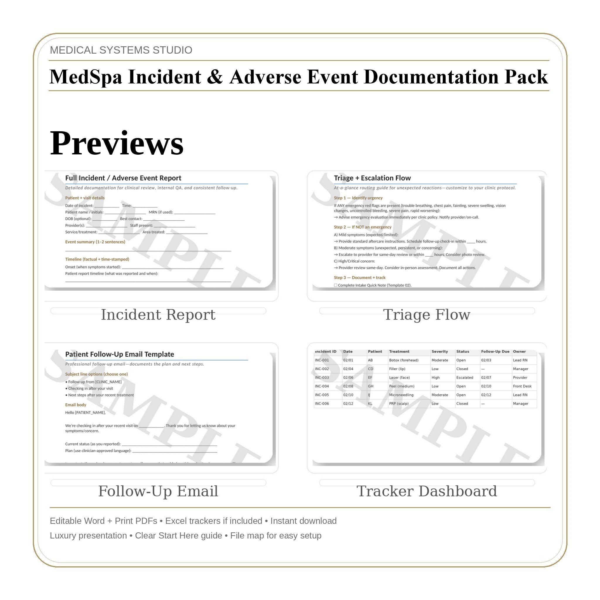 MedSpa Incident Documentation Pack | Report Forms, Follow-Up Scripts (Word/PDF/Excel)