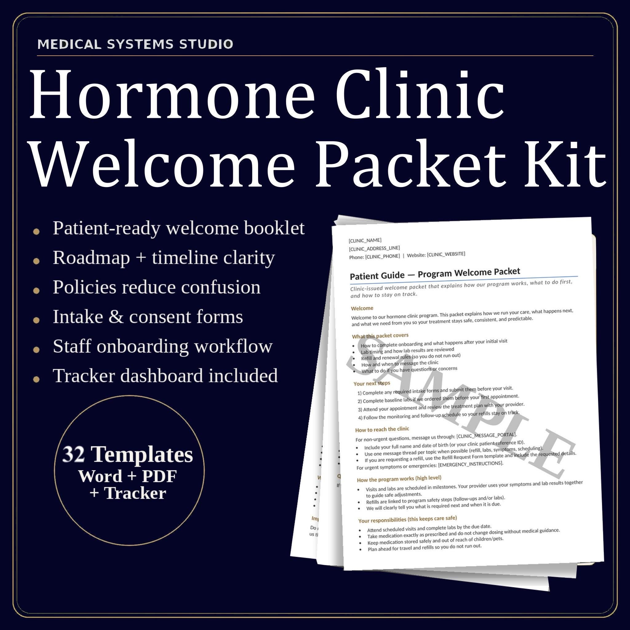 Hormone Clinic Welcome Packet Kit | TRT HRT BHRT Program Roadmap, Policies (Word/PDF/Tracker)
