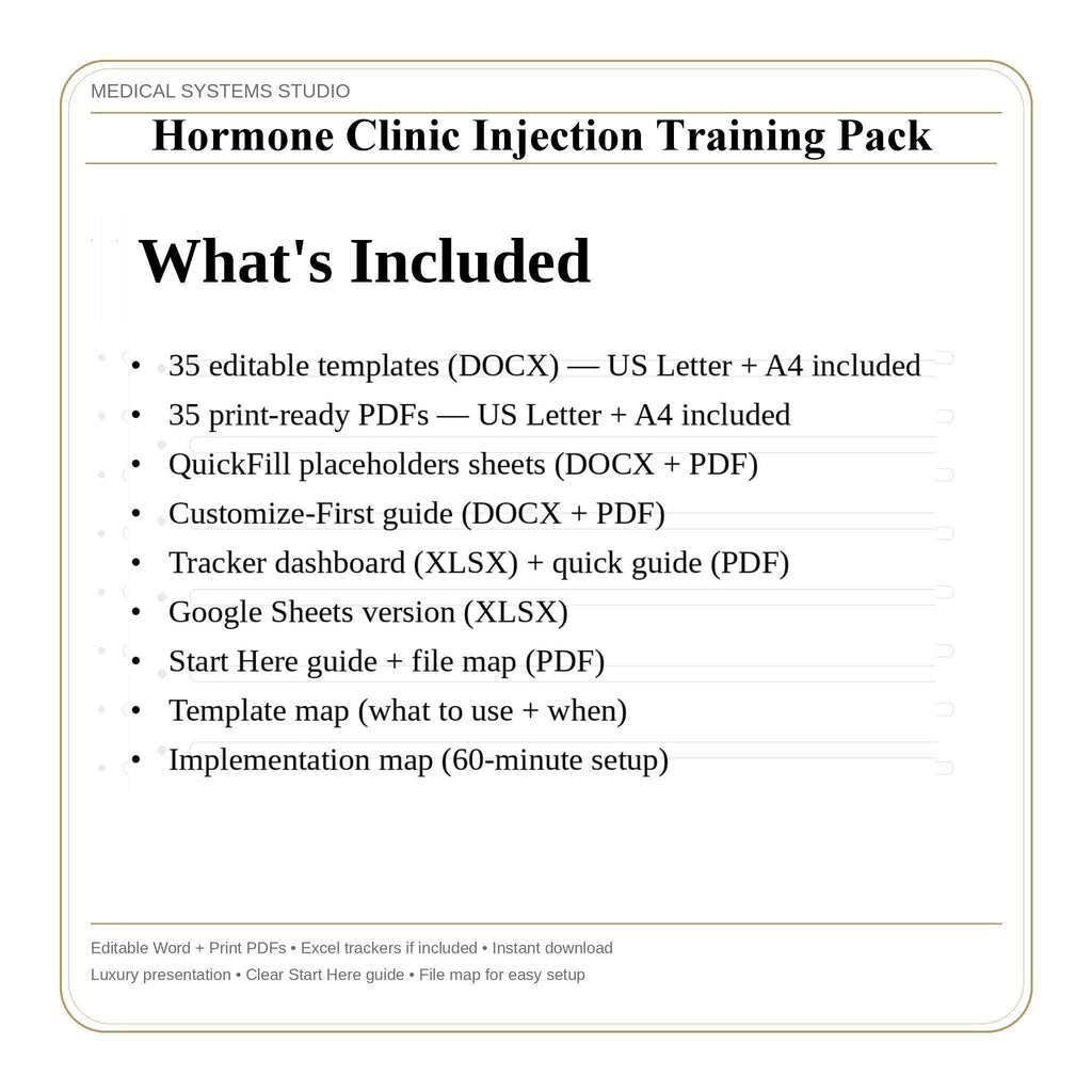 Hormone Clinic Injection Training Pack | TRT/HRT/BHRT | SOP, Competency, Storage/Supplies (Digital Download)