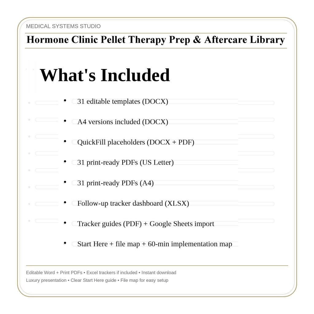 Hormone Clinic Pellet Therapy Prep & Aftercare Library | TRT/HRT/BHRT (Word/PDF/Tracker)