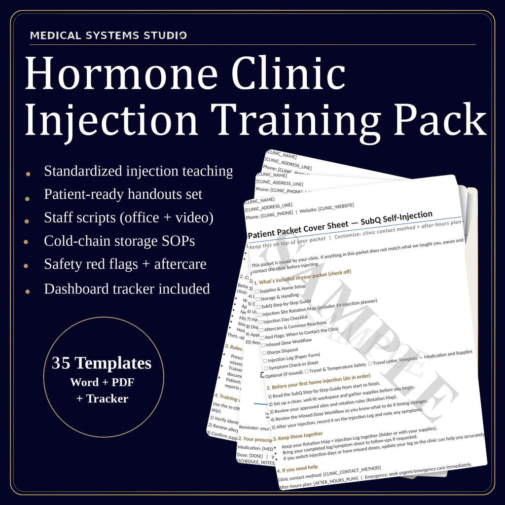 Hormone Clinic Injection Training Pack | TRT/HRT/BHRT | SOP, Competency, Storage/Supplies (Digital Download)