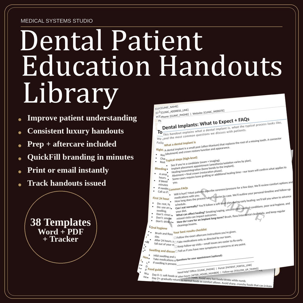 Dental Patient Education Handouts Library | Implant Aftercare, Veneers & Whitening | FAQs + Prep Checklist + Timeline | Tracker