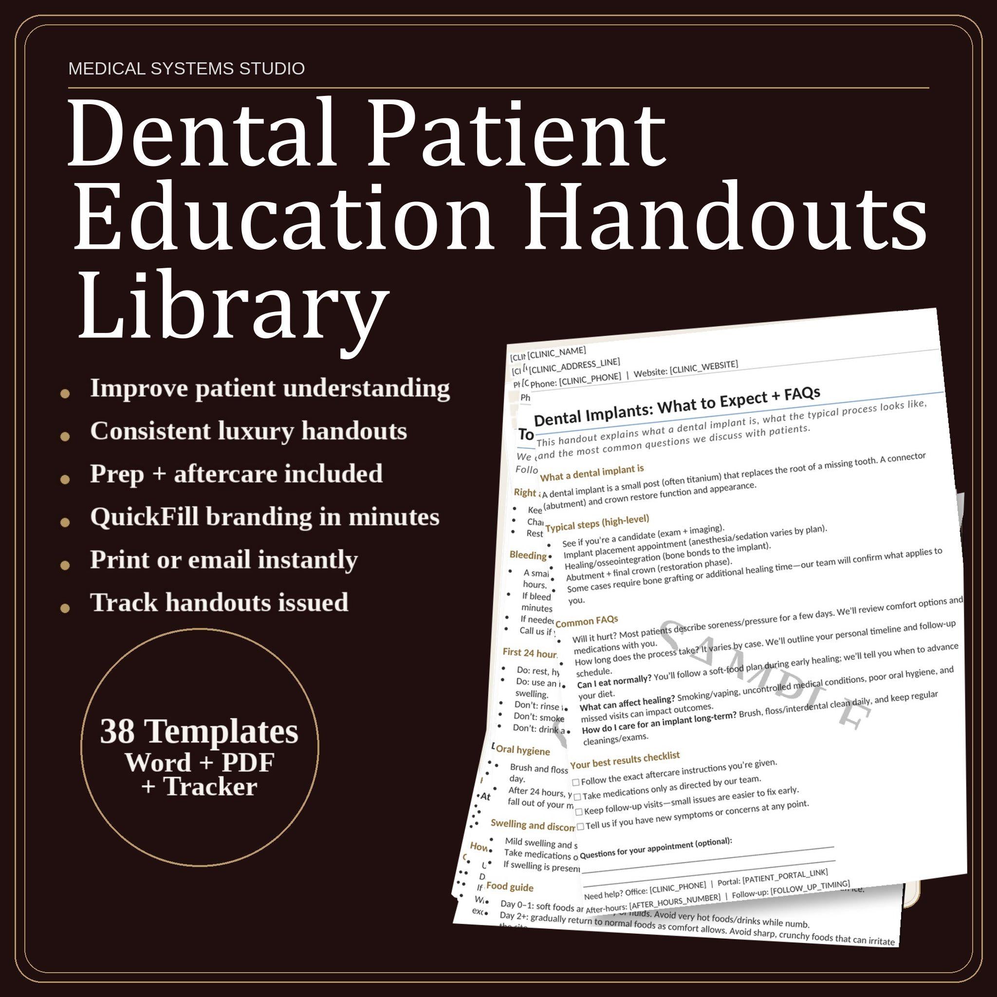 Dental Patient Education Handouts Library | Implant Aftercare, Veneers & Whitening | FAQs + Prep Checklist + Timeline | Tracker